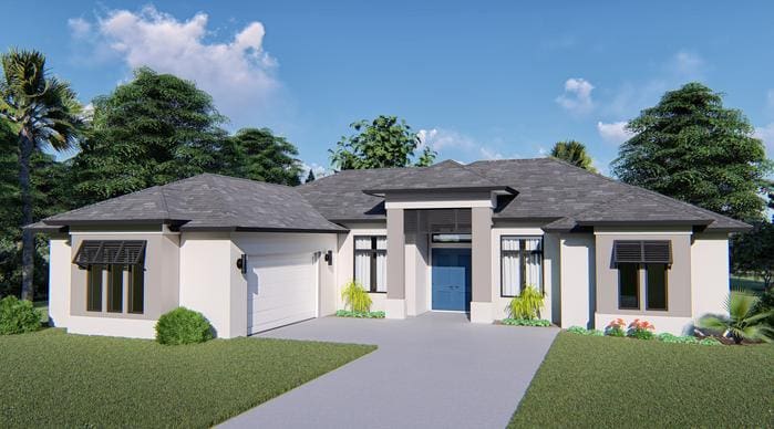 A rendering of the front entrance to a house.