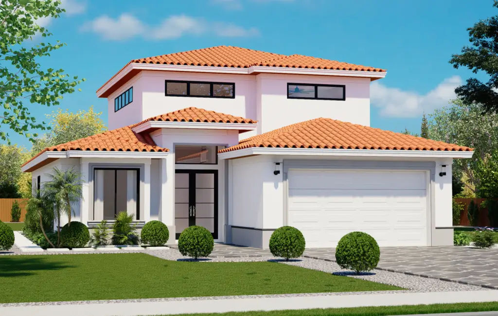 A modern two-story house with a white exterior, orange tile roof, and attached two-car garage, surrounded by a manicured lawn and small shrubs.