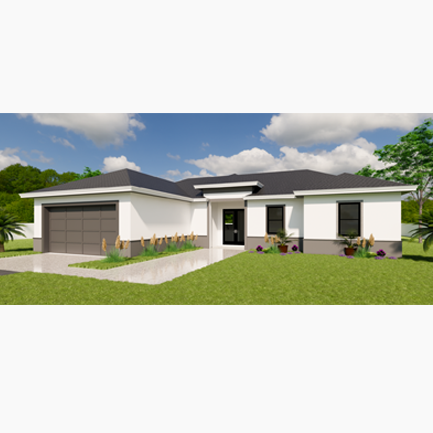 3d rendering of a modern single-story house with a white exterior, black trim, and an attached garage, set against a backdrop of lush greenery and a clear sky.