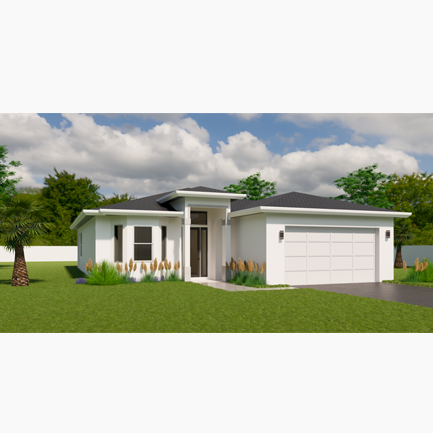 Modern single-story house with a white exterior, gray roof, and attached garage, surrounded by a green lawn and sparse landscaping.