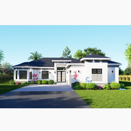 Modern single-story house with white walls and a black roof, featuring a landscaped garden and a driveway, under clear blue skies.