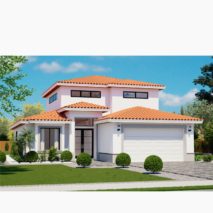 Modern two-story house with a pale pink facade, tile roof, attached garage, and landscaped front yard.