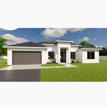 Modern one-story house with a gray roof, white walls, two-car garage, and a landscaped front yard under a clear sky.