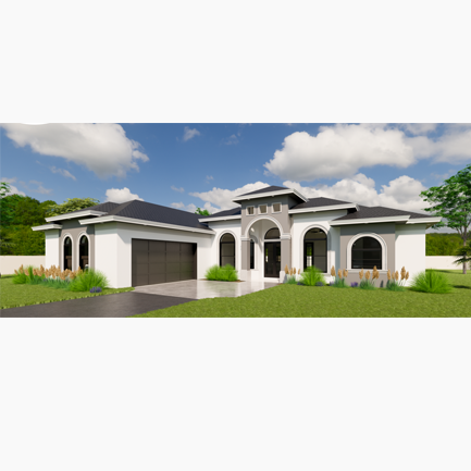 3d rendering of a modern single-story house with a gray roof, white walls, arched doorways, and a triple garage, set against a landscaped green lawn and a clear sky.