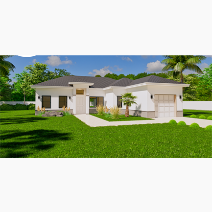 Modern one-story home with white walls and multiple rooflines, featuring an attached garage, surrounded by lush greenery under a clear sky.