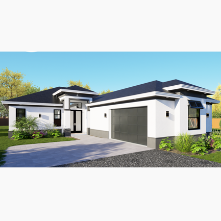 Modern single-story house with a gray roof and white walls, featuring a two-car garage, landscaped garden, and a clear blue sky.