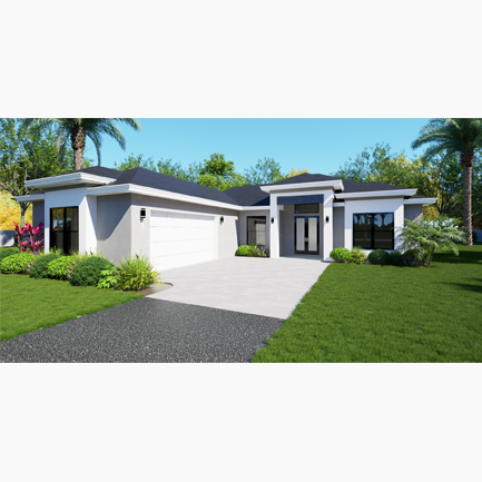 Modern single-story house with a white exterior and dark roof, featuring a garage, landscaped garden, and palm trees under a clear sky.