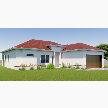 3d rendering of a modern single-story house with a red roof, white walls, and a two-car garage, set in a simple landscaped garden under a clear sky.