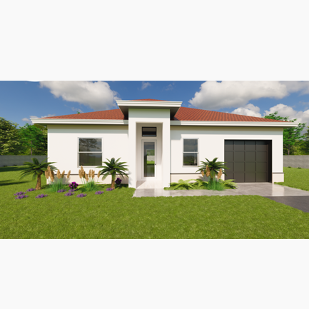 Modern single-story house with a flat roof, white walls, and attached garage, surrounded by a lush garden under a clear sky.