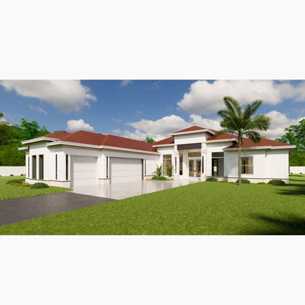 Modern white single-story house with a large attached garage, surrounded by lush green lawn and palm trees under a clear sky.