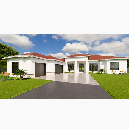 3d rendering of a modern single-story house with a red-tiled roof, white walls, and an attached garage, surrounded by a landscaped garden.